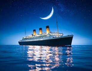 Grand ship at night, moonlit sea