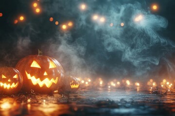 Halloween pumpkins border lights night jack-o-lantern.