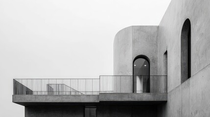 Modern minimalist concrete building with a sleek balcony and arched windows, showcasing contemporary architectural design and urban elegance.