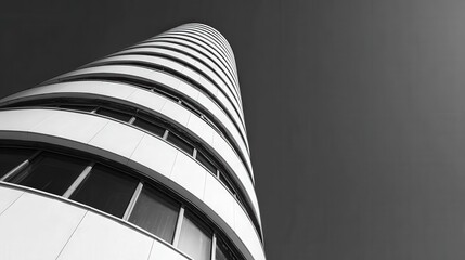 Striking low-angle black and white shot of a modern cylindrical building, showcasing its futuristic architecture and sleek design against a clear sky.