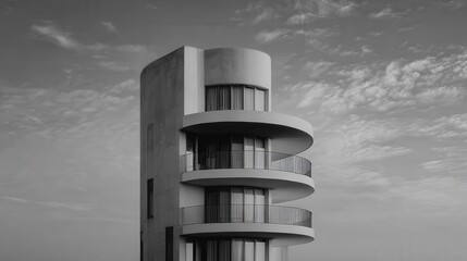 Striking monochrome architectural design featuring a modern cylindrical building with curved balconies against a cloudy sky, showcasing minimalist urban living.