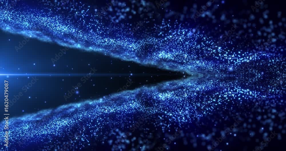 Poster dynamic animation of blue glowing particles forming a vortex in space. futuristic energy flow effect