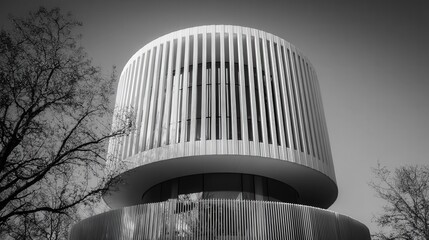 Striking black and white image of a modern, cylindrical building with a unique facade, showcasing contemporary architecture and urban design.