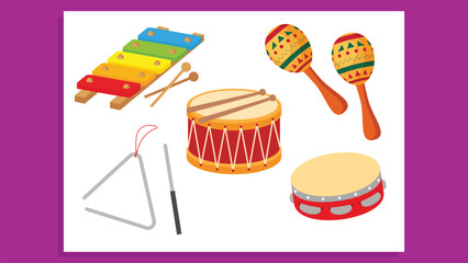 Illustration of different types of musical instruments on a white background.