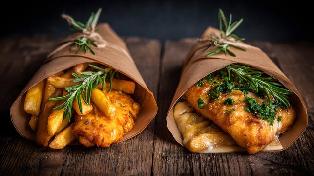 Two paper-wrapped fish and chips meals on a rustic wooden surface.
