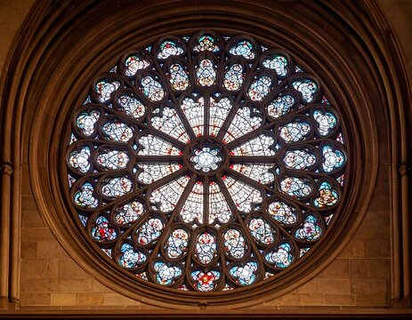 Stained glass rose window in a church