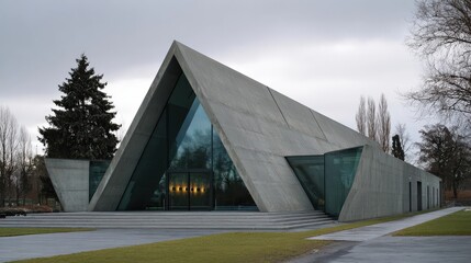 Striking modern chapel with a unique concrete and glass design, offering a serene and contemplative space for reflection.