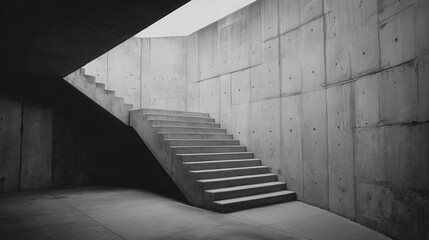 Modern concrete staircase in a minimalist architectural building, featuring strong geometric lines and a monochrome aesthetic.