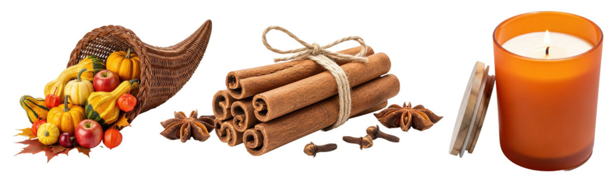 Cornucopia with fall harvest, bundle of cinnamon sticks and star anise, and an orange scented candle