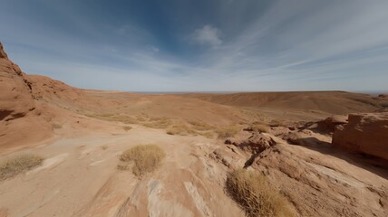 Naklejka premium Expansive desert landscape with red rock formations and a vast blue sky