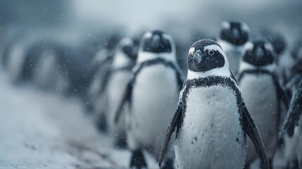 Close-up of an African penguin standing in a snowy environment with its colony in the background, showcasing its resilience in cold weather.