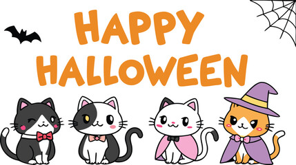 Cute Halloween Animals Cartoon Set - Kawaii Cat in Skeleton Costume, Pumpkin, and Friends Vector Illustration