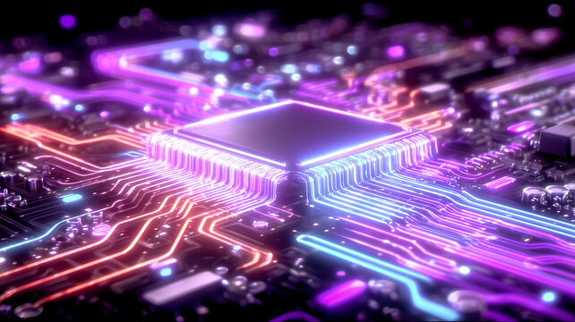Neon lit microprocessor hub channels multicolour circuits outward, symbolising the dynamic core of high performance computing and the electric synergy driving future technology.
