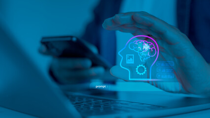 Hand interacting with prompt-based AI interface on laptop and smartphone, symbolizing generative artificial intelligence, future technology, and digital innovation.