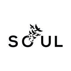 This elegant and symbolic typographic artwork features the word “SOUL”, where the letter ‘O’ beautifully disintegrates into a flock of flying birds. The minimalist black-and-white design evokes themes