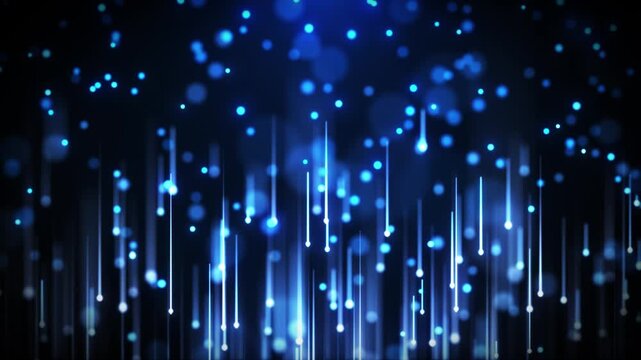 Glowing blue particles and vertical light trails fall gracefully in a futuristic abstract background. Ideal for tech, data, or sci-fi visual concepts and digital environments.