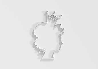 Profile view silhouette of a princess or queen. Cute girl portrait. Fashion branding emblem. 3D render