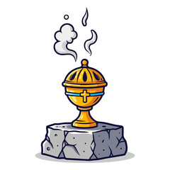 Naklejka premium Cartoon of a Catholic incense burner, placed on a stone base still lit. Vector flat design cartoon. AI generated images.