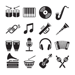 A versatile vector icon set of music, beauty, and construction symbols for web design, featuring illustrations of salon equipment, tools, and school supplies