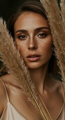 Elegant portrait of a freckled woman with wheat.  Her gaze is direct, and she is surrounded by the natural beauty of the harvest.