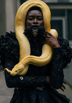 Artistic Portrait of an Elegant Woman Adorned by a Striking Yellow Python, Evoking Powerful Mystique, Bold Fashion, and Serpentine Beauty