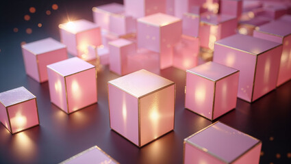 Obraz premium Glowing Pink Cubes with Sparkling Effects on Dark Surface