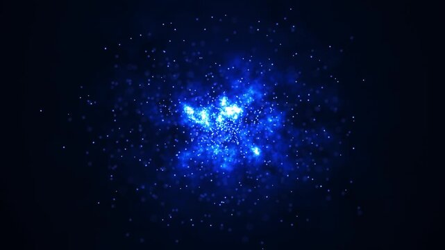 Bright blue particles explode in a dark space background, creating a mesmerizing cosmic or digital energy burst effect. Ideal for sci-fi, tech, or futuristic video backgrounds.