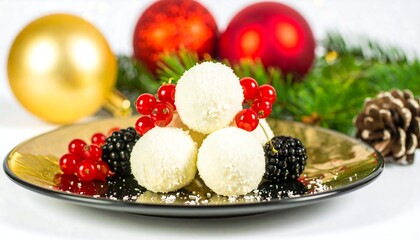 Fototapeta premium Christmas dessert of white coconut balls with berries