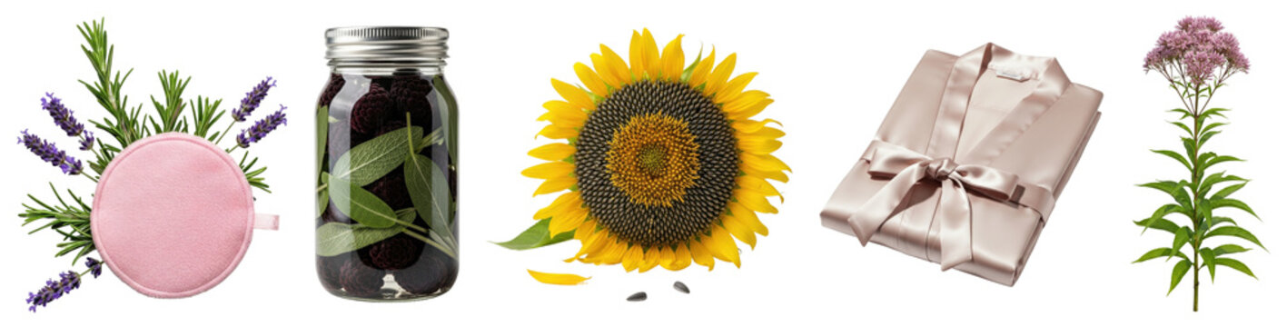 Lavender and rosemary with pink cleansing pad, preserved herbs, sunflower, satin robe, and purple eupatorium flower