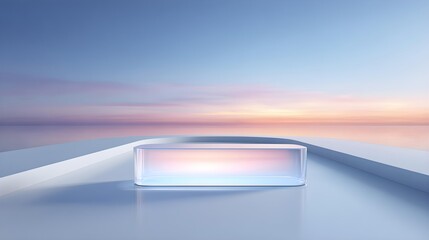 Obraz premium Serene Sunset Horizon Background with Modern Clear Glass Podium on Reflective Platform