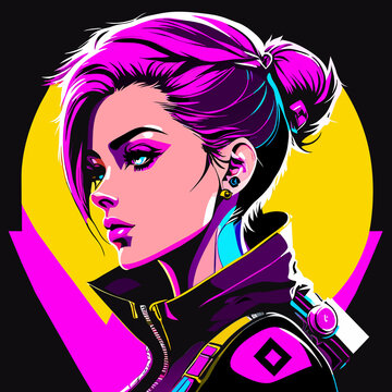 A stylized, vibrant portrait of a cyberpunk woman with bright pink hair, piercing blue eyes, and a futuristic jacket, set against a bold yellow circle and pink geometric shapes.