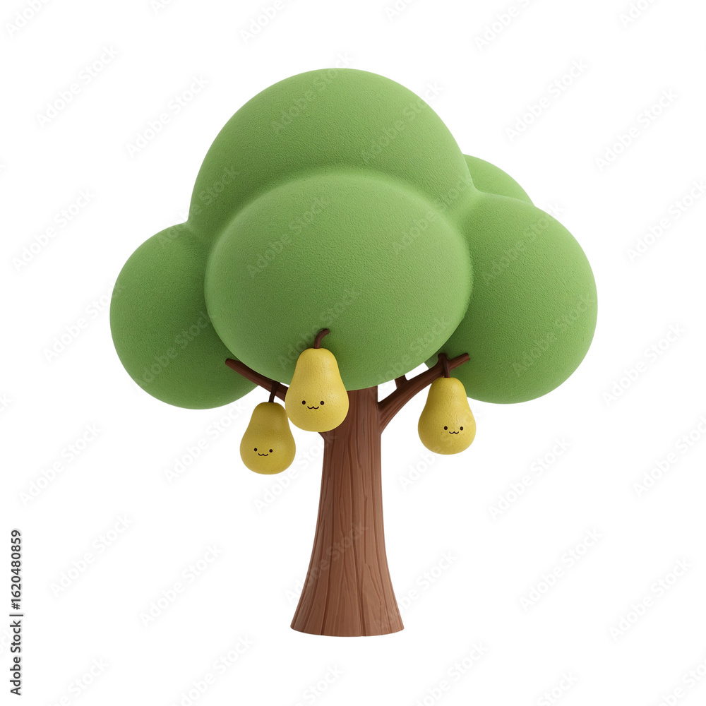 Poster whimsical pear tree with cheerful fruit faces against a void, creating an isolated cute element