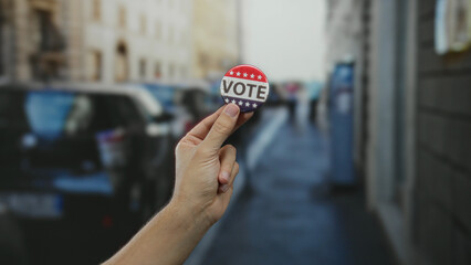 Man holding vote button on street showcasing election engagement outdoors with city backdrop and caucasian hand emphasizing political participation in urban environment.
