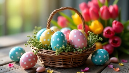 Colorful Easter Eggs in a Wicker Basket with Tulips