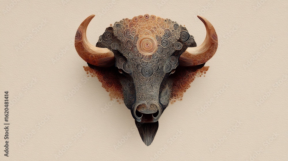 Poster Abstract portrait of a buffalo head with intricate circular pattern design on it