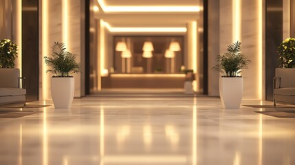 Fototapeta premium Luxurious Hotel Lobby Interior Design: Elegant Plants and Warm Lighting Enhance the Atmosphere