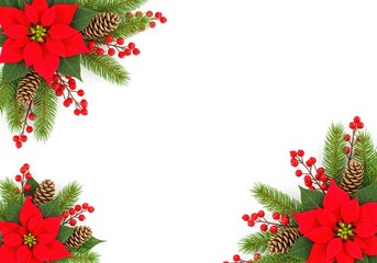 Christmas poinsettia and holly berry border with pinecones