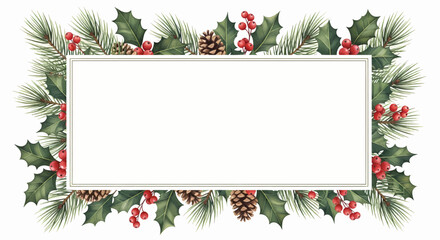 Festive Christmas Wreath with Pine Cones, Holly Berries, and Evergreen Sprigs - Blank Rectangle Frame