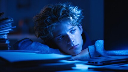 Exhausted Teenage Student Staring at Laptop Under Blue Light