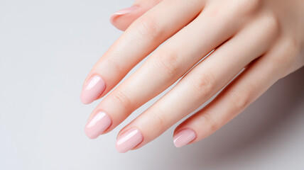 Well groomed fingers with glossy pale pink polish showcased against a clean background, conveying manicure elegance personal care cosmetic fashion trends and spa level hygiene.
