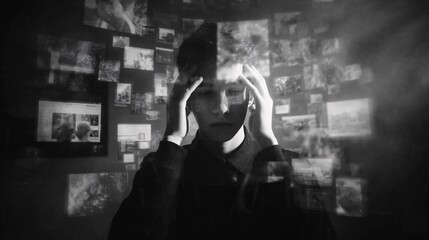 Teen Student Holding Head Surrounded by Distorted Digital Screens