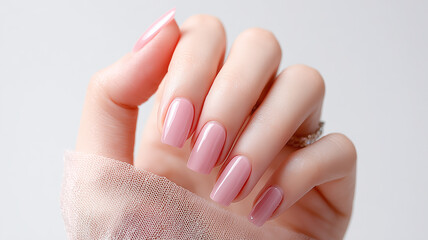 Well groomed fingers with glossy pale pink polish showcased against a clean background, conveying manicure elegance personal care cosmetic fashion trends and spa level hygiene.
