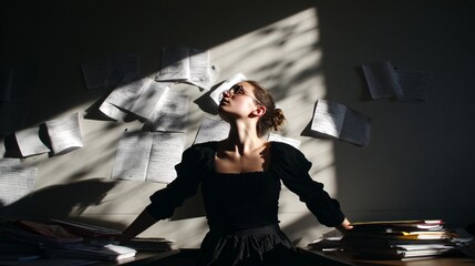 Female Student Bathed in Sunlight Among Notes and Papers