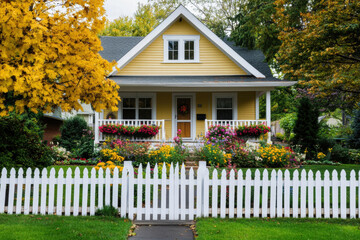 A yellow house with a white picket fence and a porch