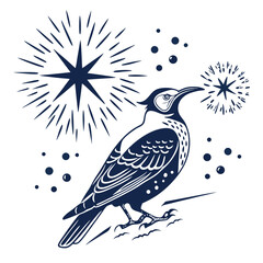 Vector art of starling perched on a branch with stars isolated on white background illustration