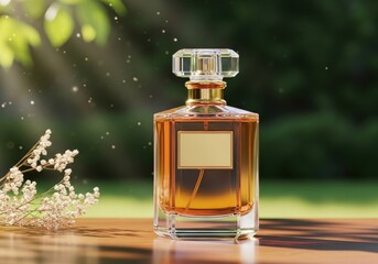 Amber perfume bottle with gold label and floral accents on wooden surface image