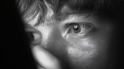 Extreme Close-Up of Teen Boy's Eye in Monochrome, Focused on Screen Light