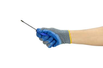 Worker's hand in a safety glove holding a screwdriver. A concept for repair, maintenance, or DIY...