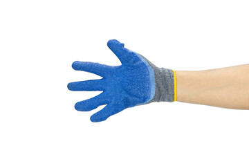 Worker's hand in a blue safety glove showing an open palm for stop, hello, or the number five, isolated on white background with clipping path.