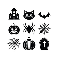 Collection of halloween icons featuring haunted house spider web pumpkin bat spider and coffins